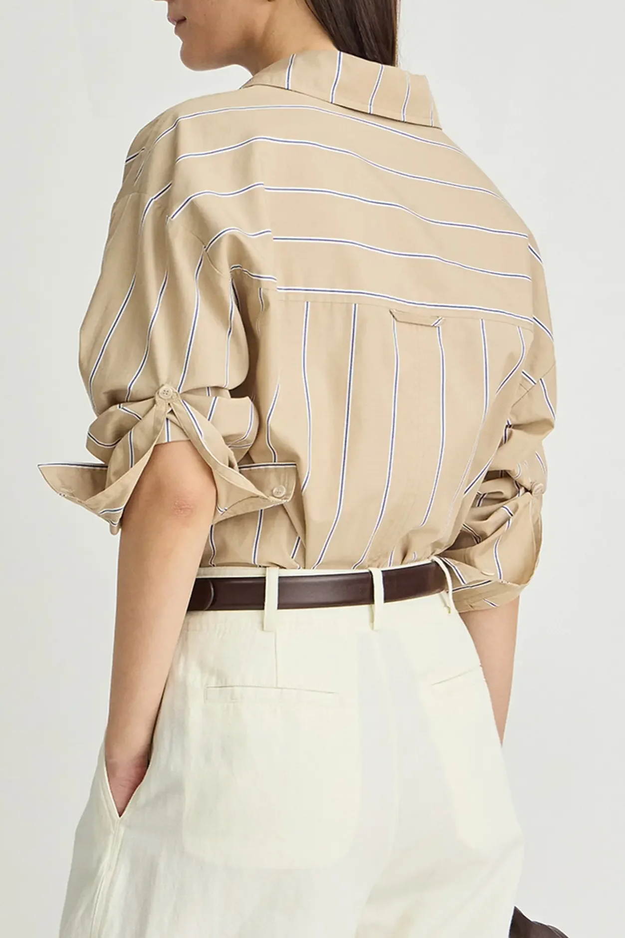Isolde Button Down - Sand & Blue Stripe