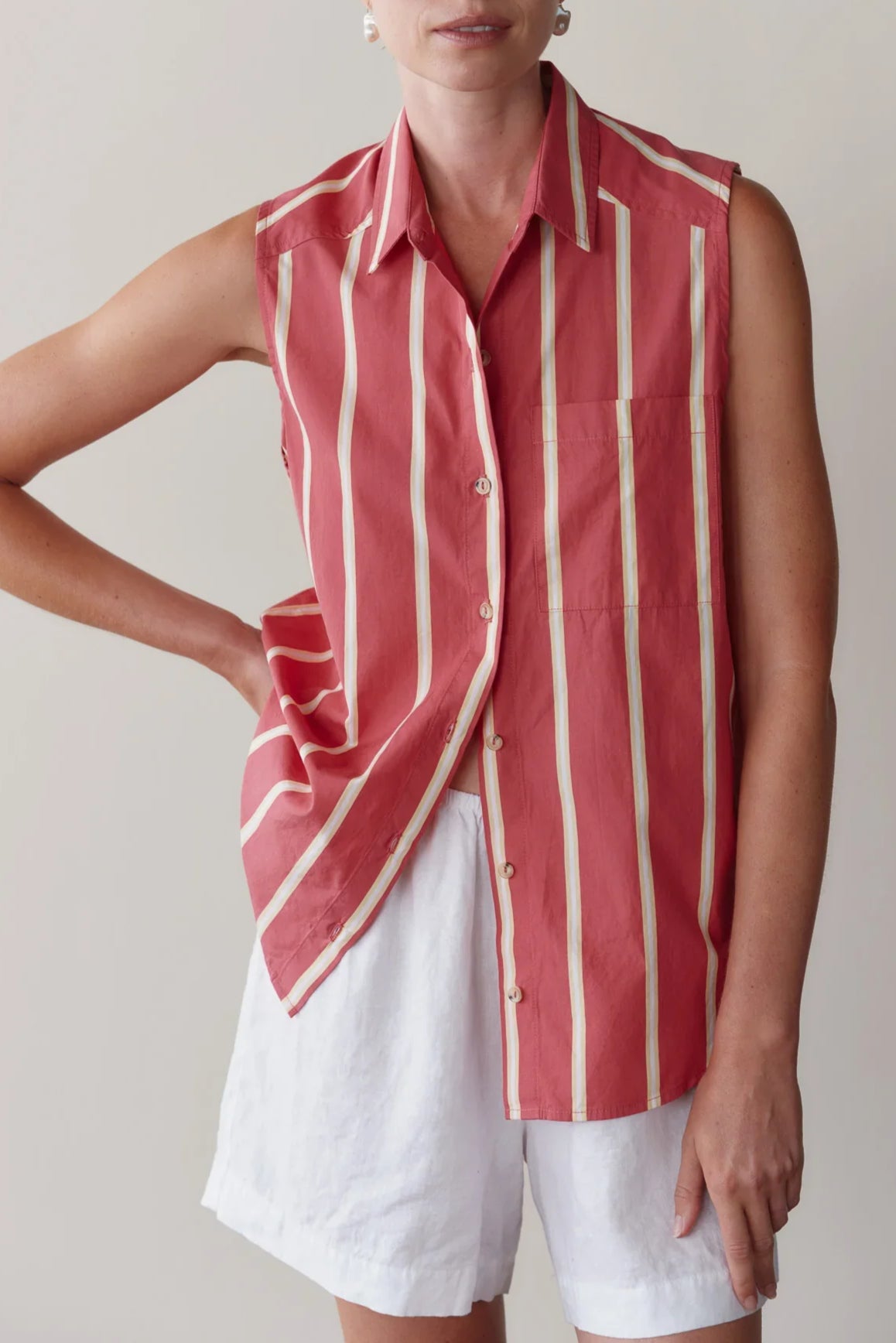 The Pop Stripe Sleeveless Shirt - Raspberry