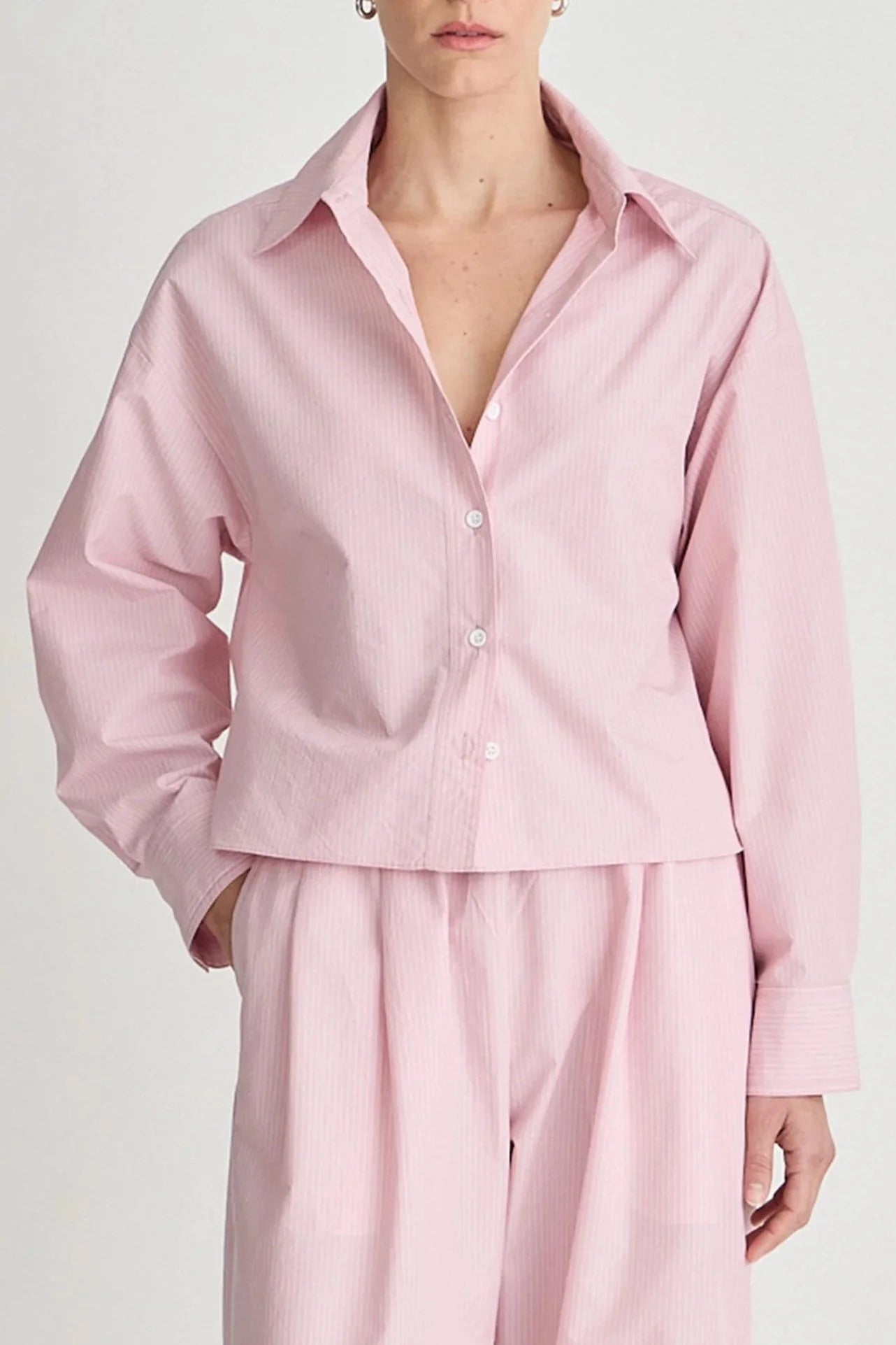 Cropped Isolde Button Down - Pink Taffy Stripe