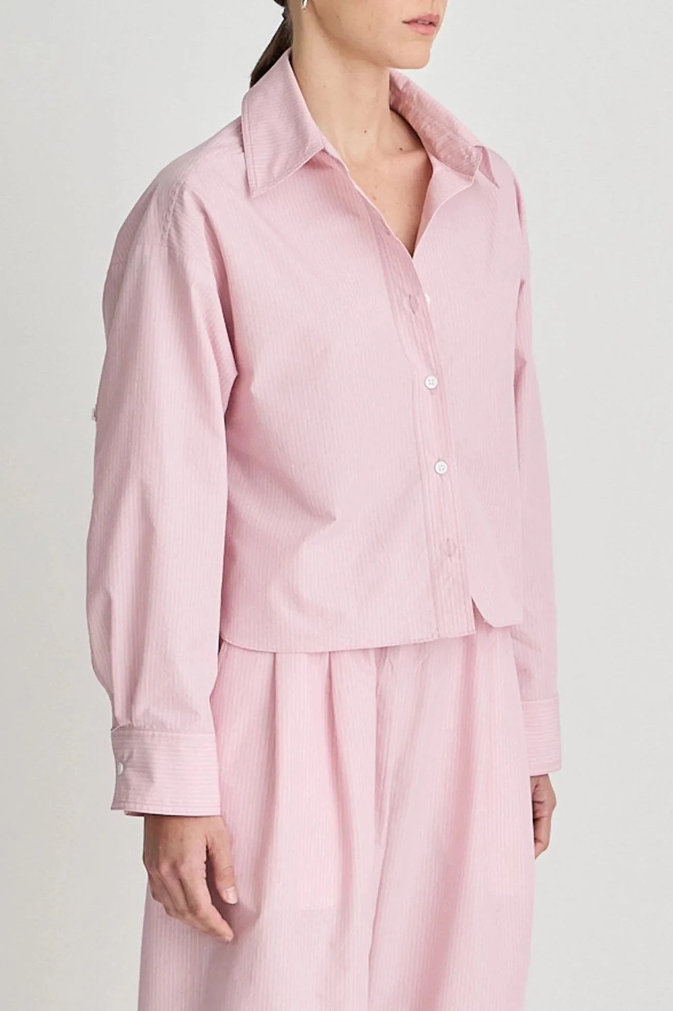Cropped Isolde Button Down - Pink Taffy Stripe