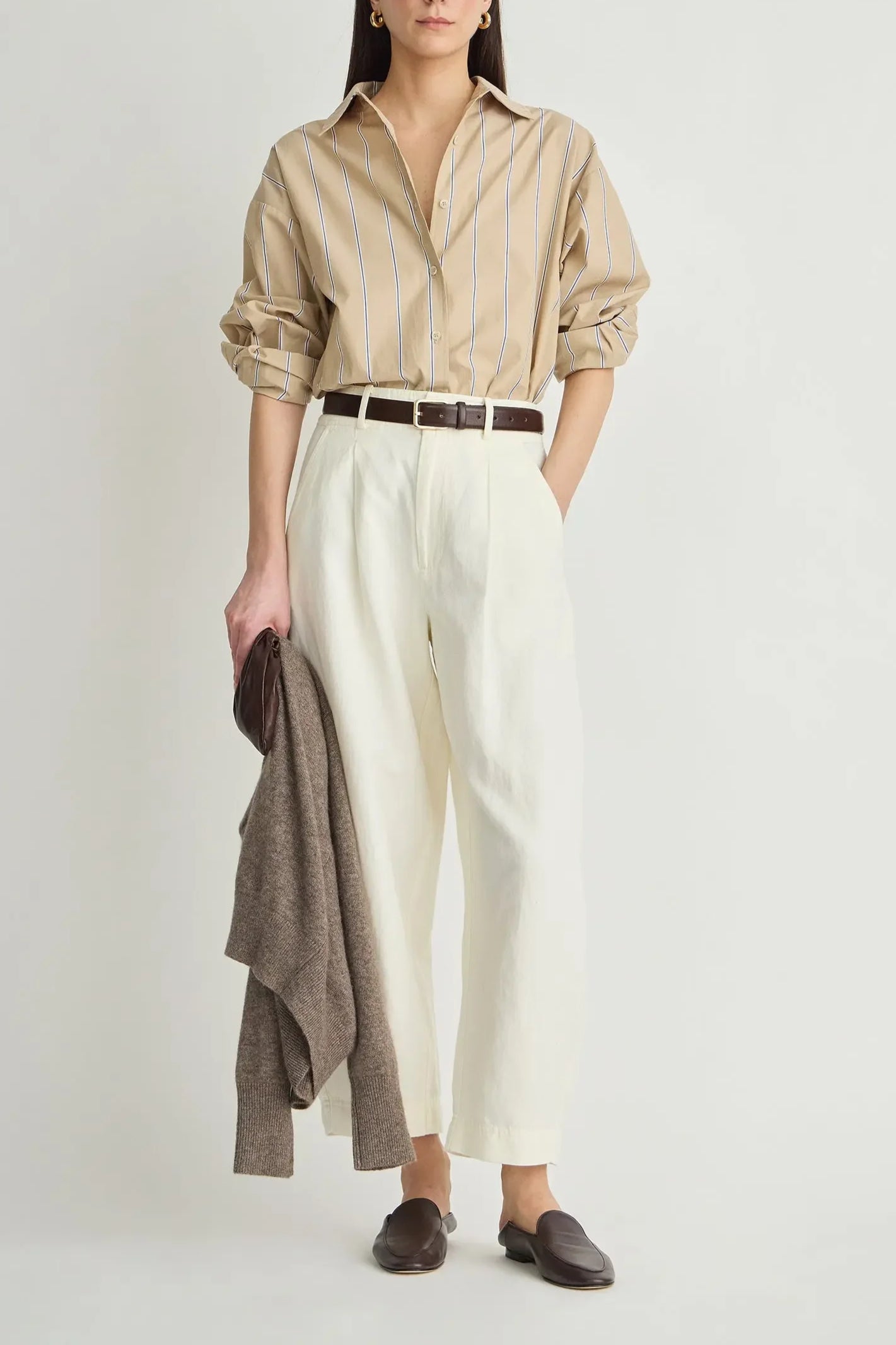 Isolde Button Down - Sand & Blue Stripe