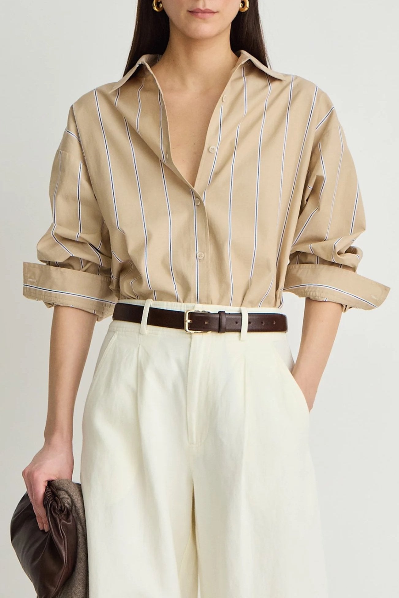 Isolde Button Down - Sand & Blue Stripe