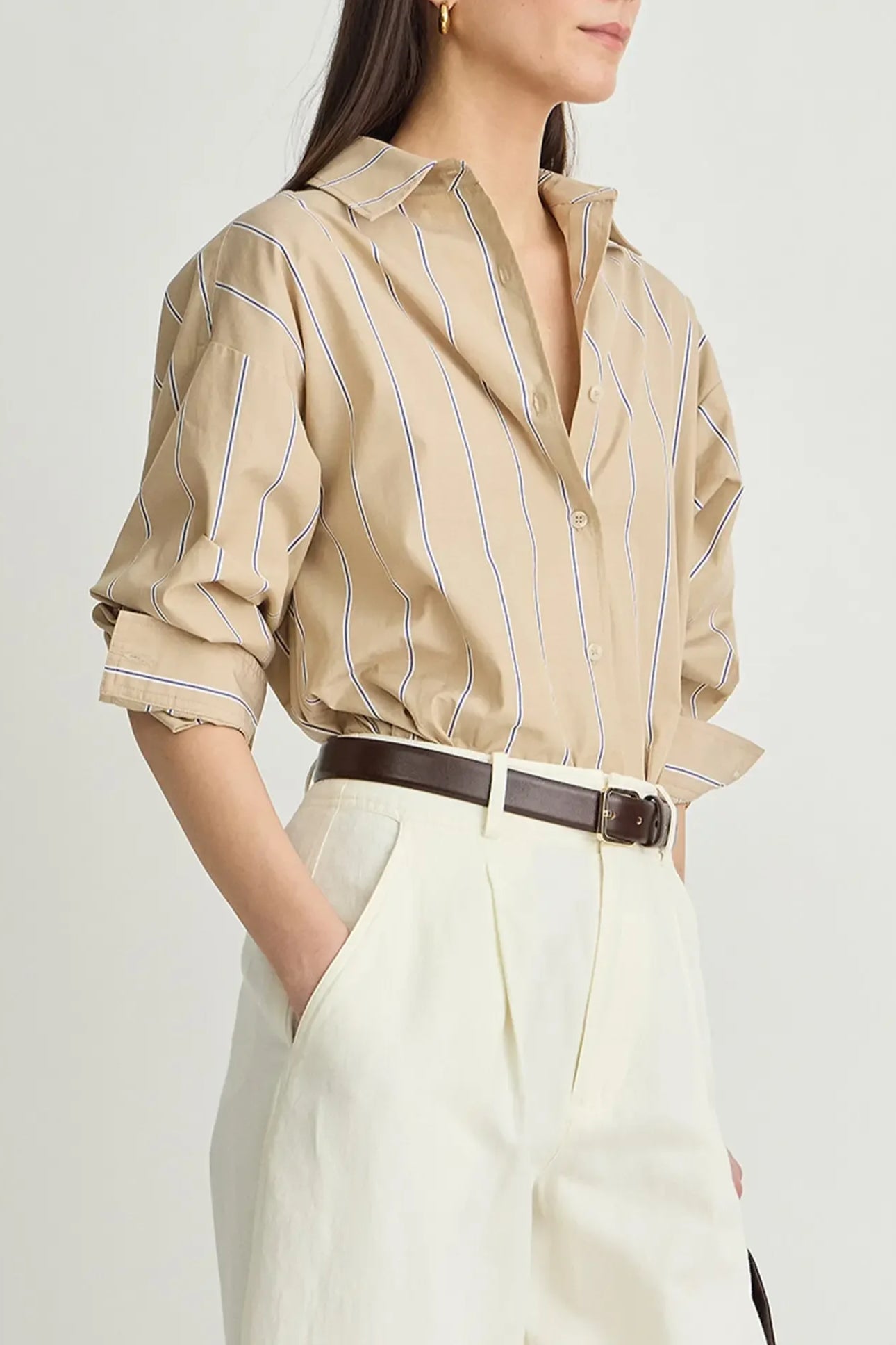 Isolde Button Down - Sand & Blue Stripe