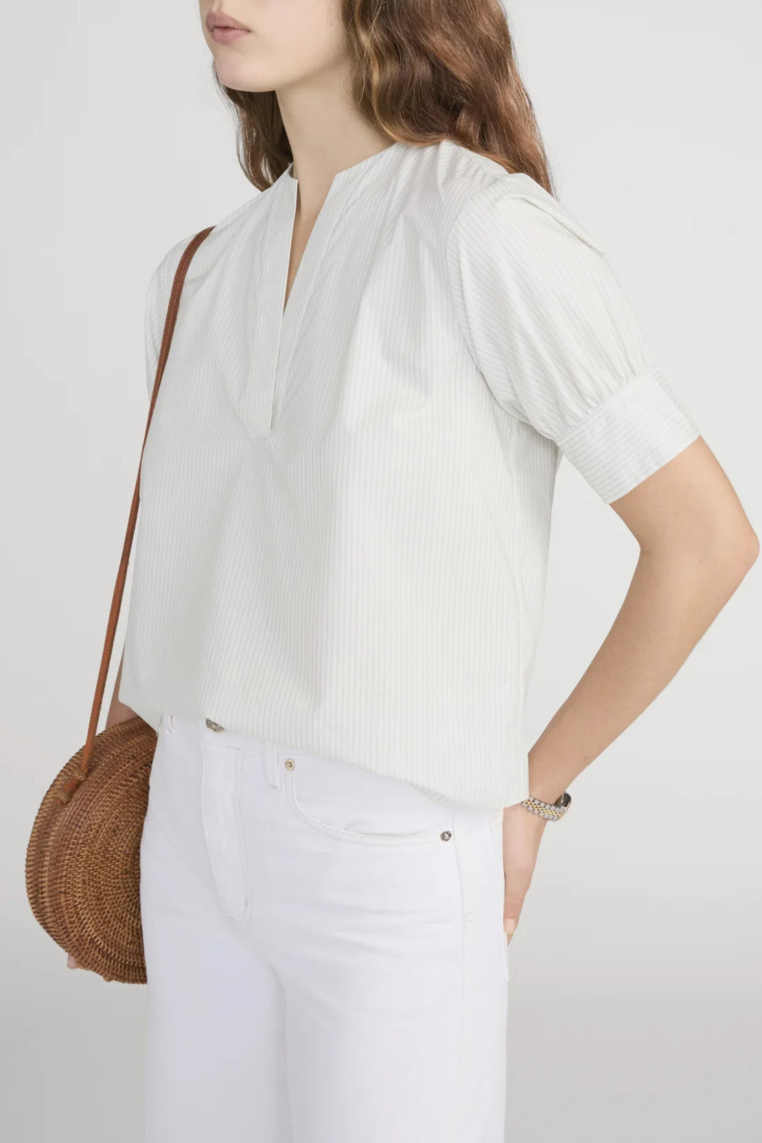 The V-Neck Popover Top - Cream Multi