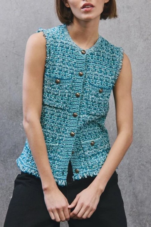 Long Tweed Vest W/ Fringe - Peacock