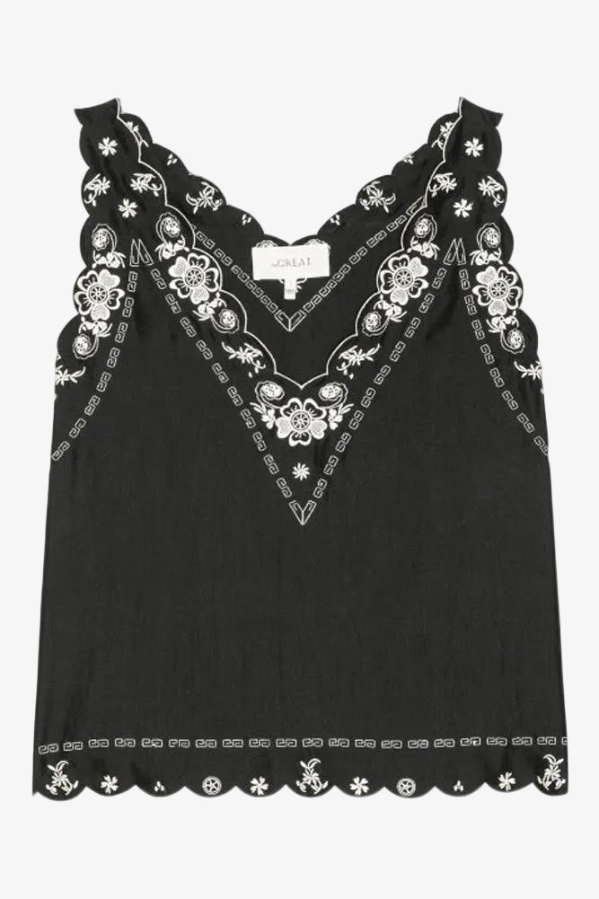The Embroidered Floral Slip Top - Black