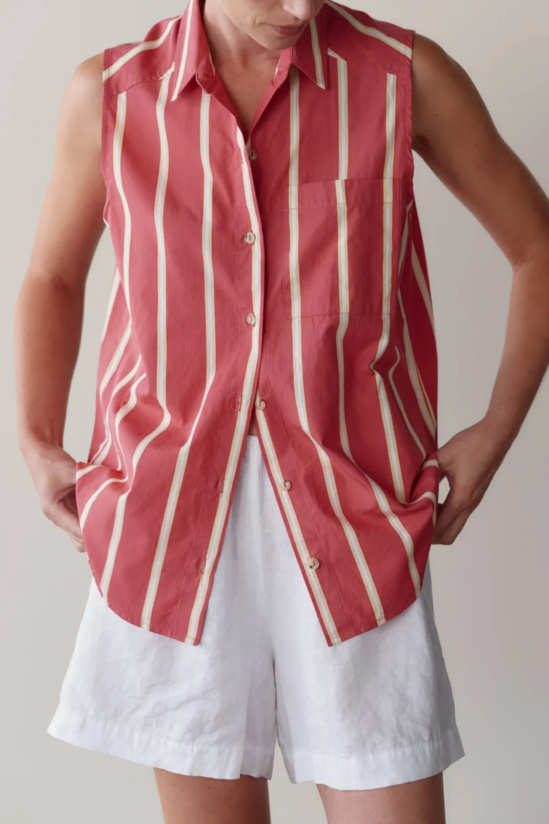 The Pop Stripe Sleeveless Shirt - Raspberry