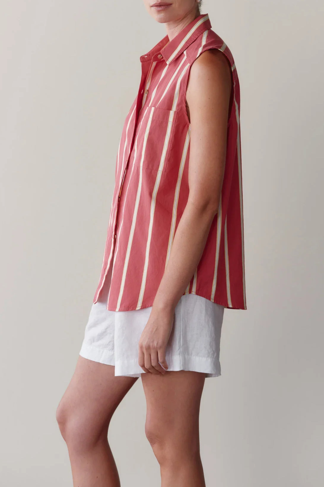 The Pop Stripe Sleeveless Shirt - Raspberry